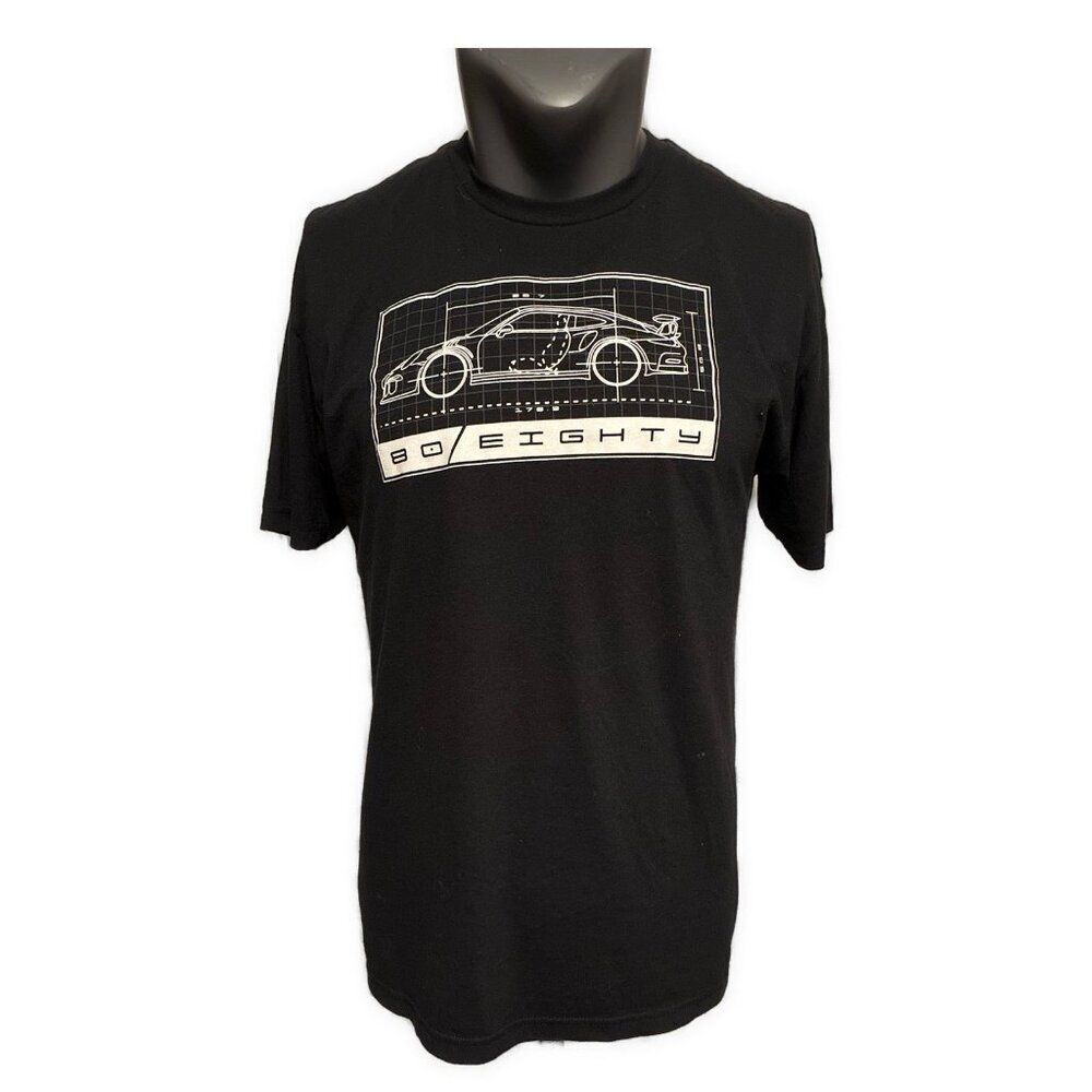 80eighty Men’s Black White Crew Neck Race Car Short Sleeve T Shirt Large
